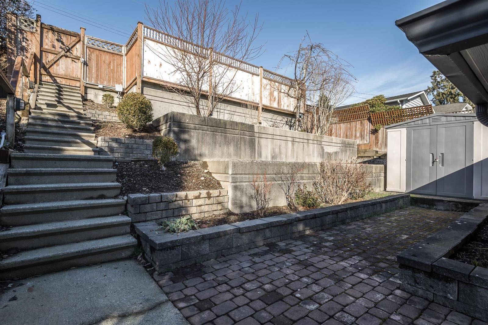 The paved terrace and steps at the side.