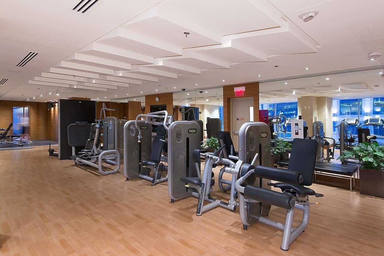 The fitness centre, machines in a row along a wall of windows.