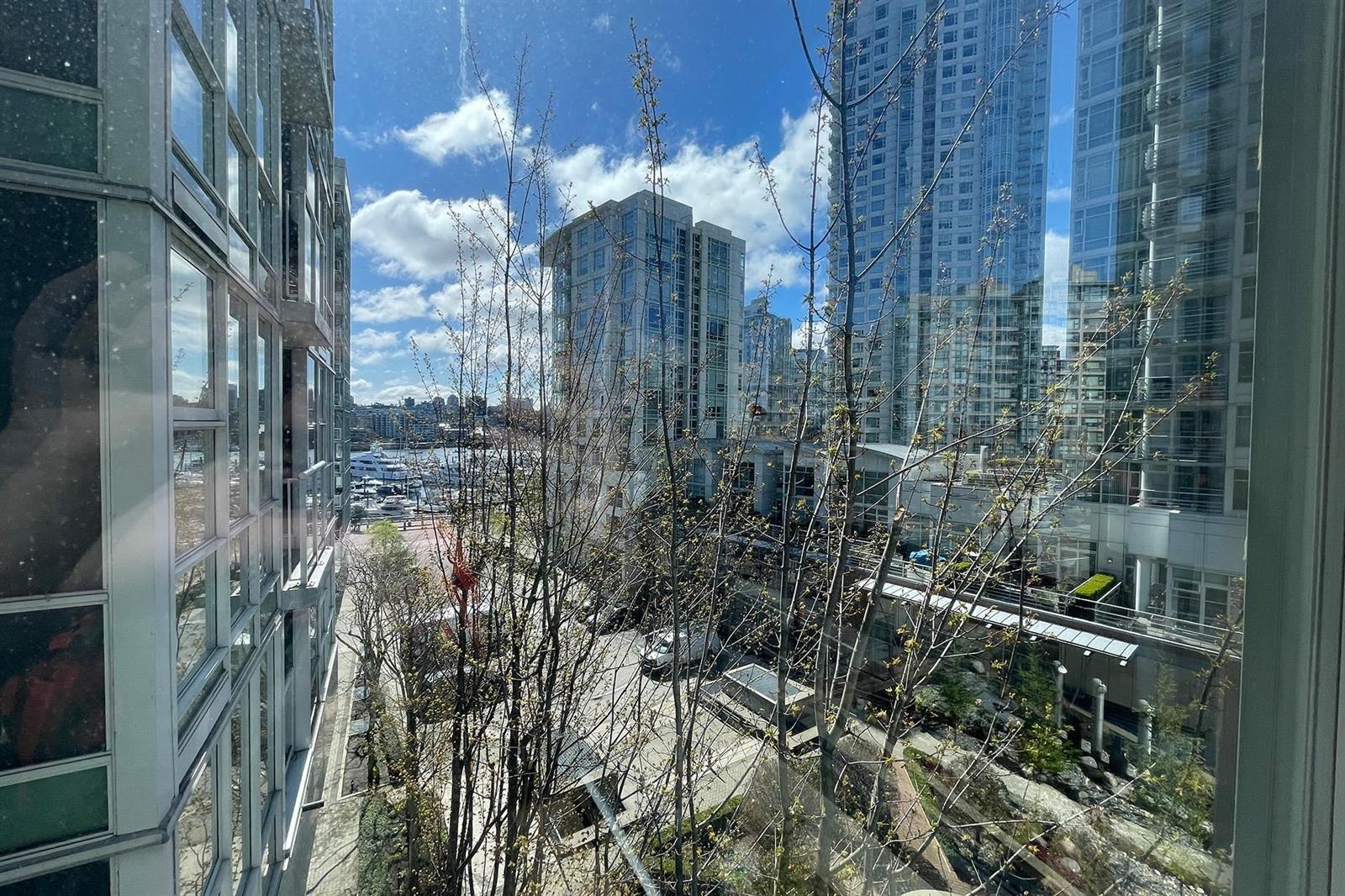 The view from the window along the building's glass face, down to the marina with branches in the foreground.