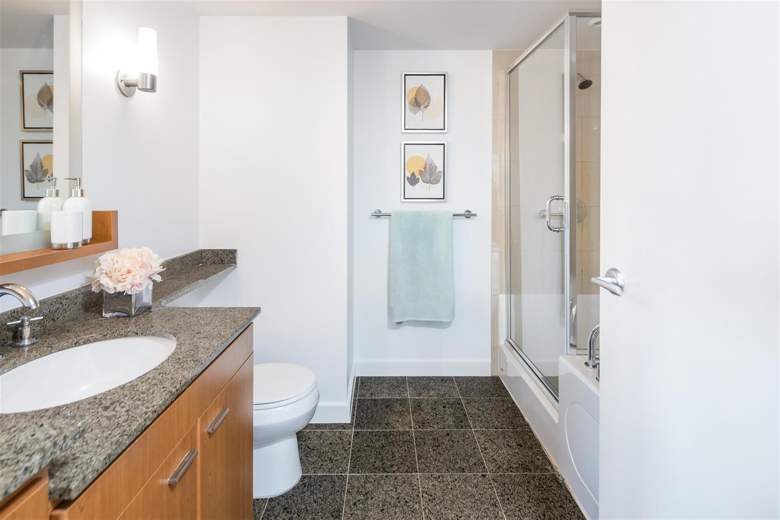 The ensuite, a basin set in a granite counter with the shower through the doorway.