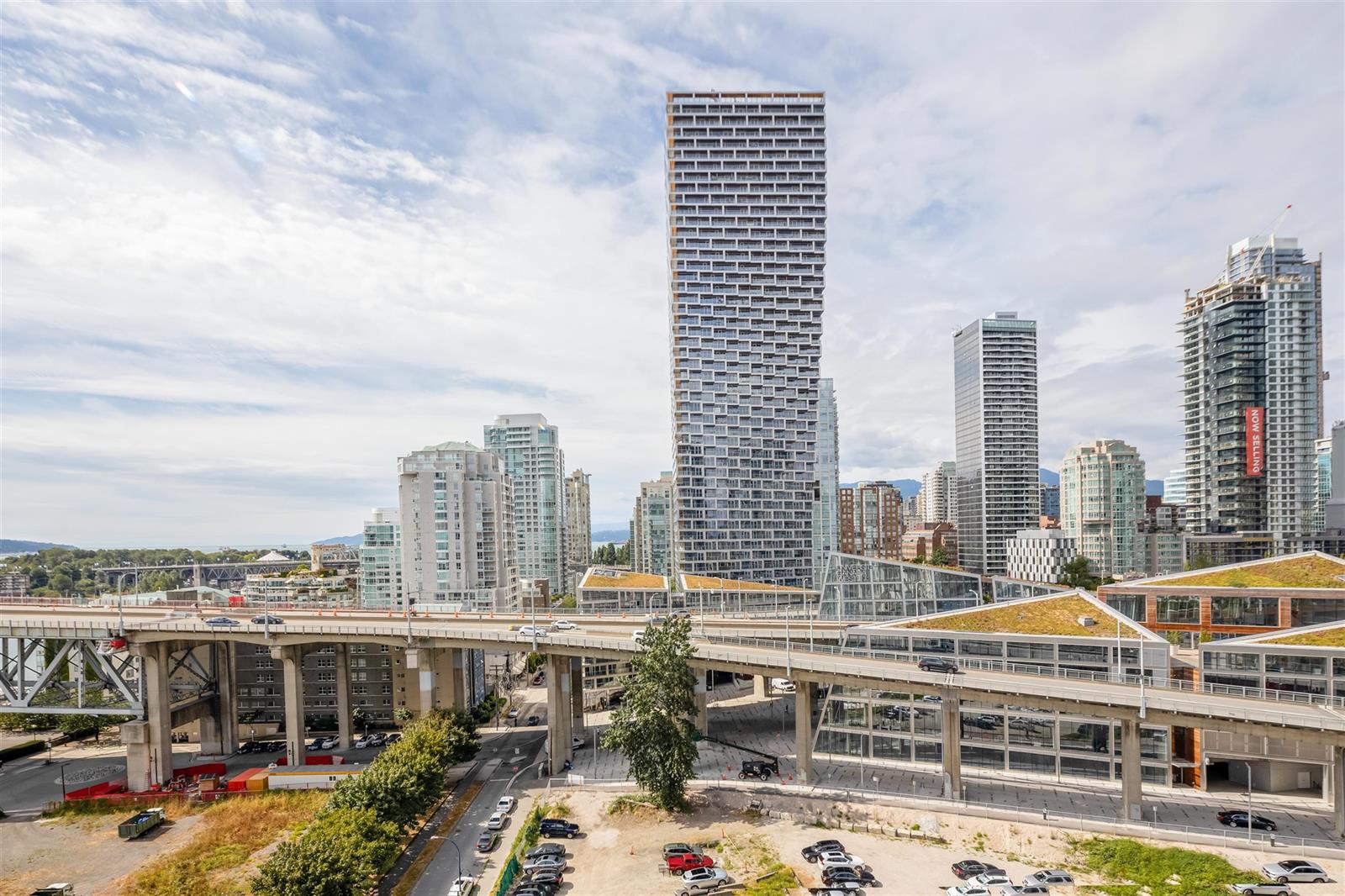 The view toward downtown, the bridge and the towers rising behind it.