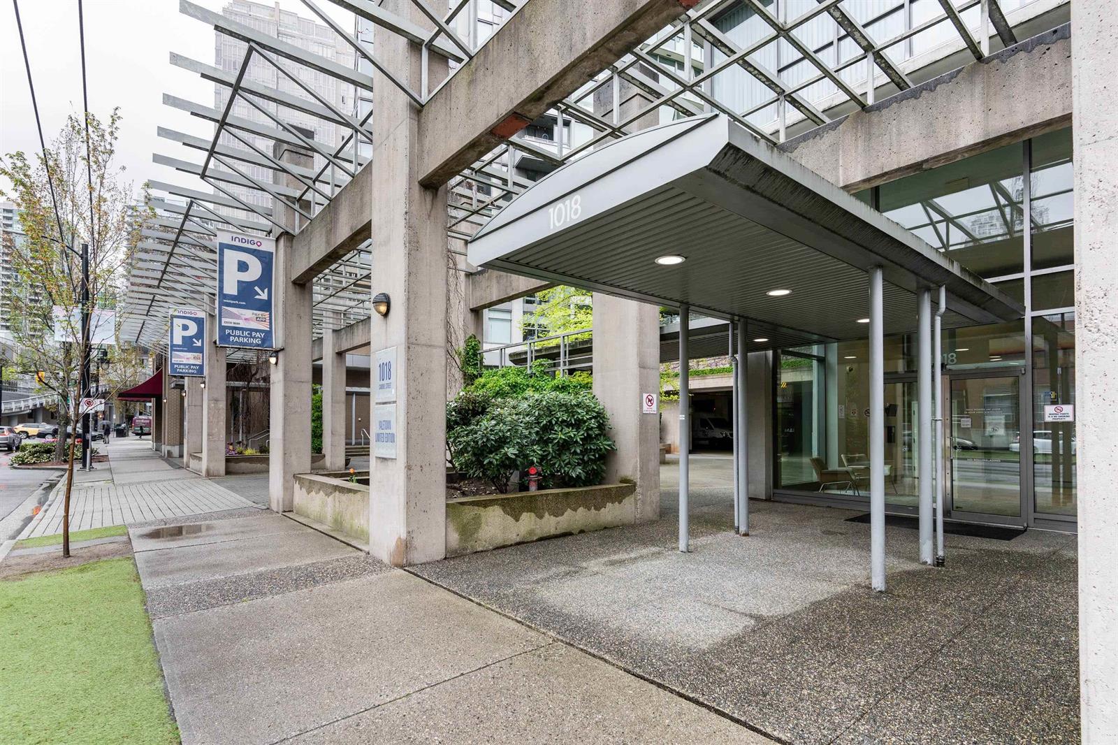 The entrance forecourt, a glass and steel canopy over paving with a tree beside it.