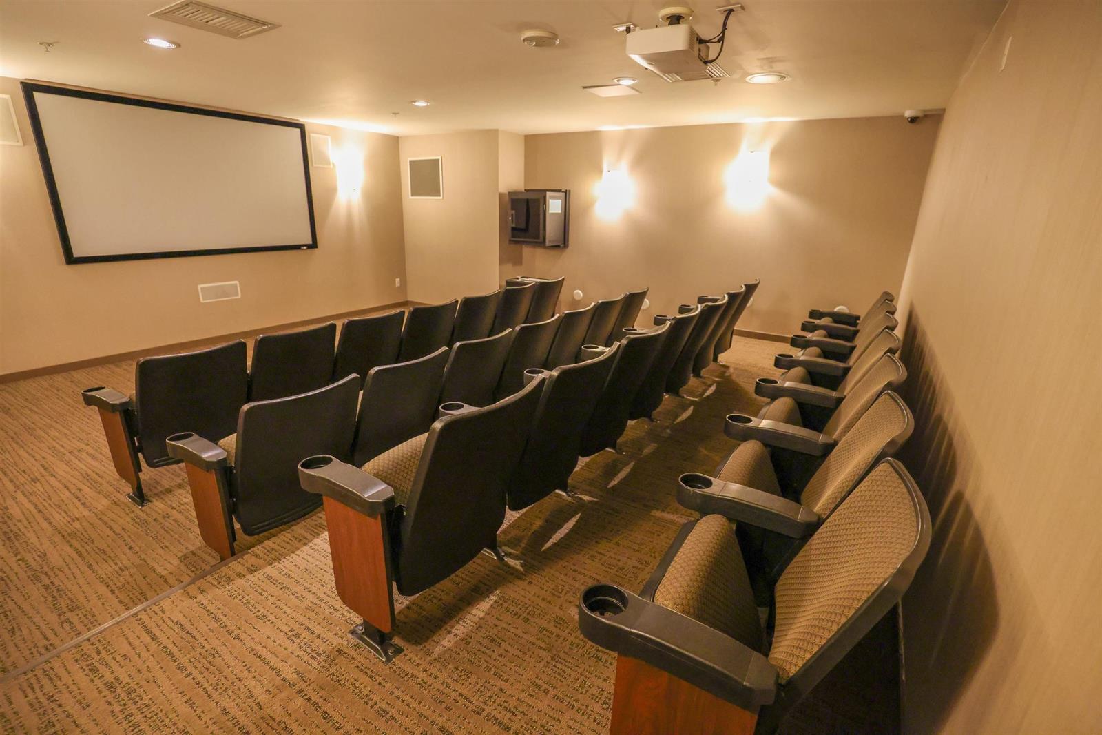 The theatre, rows of seats facing the screen.