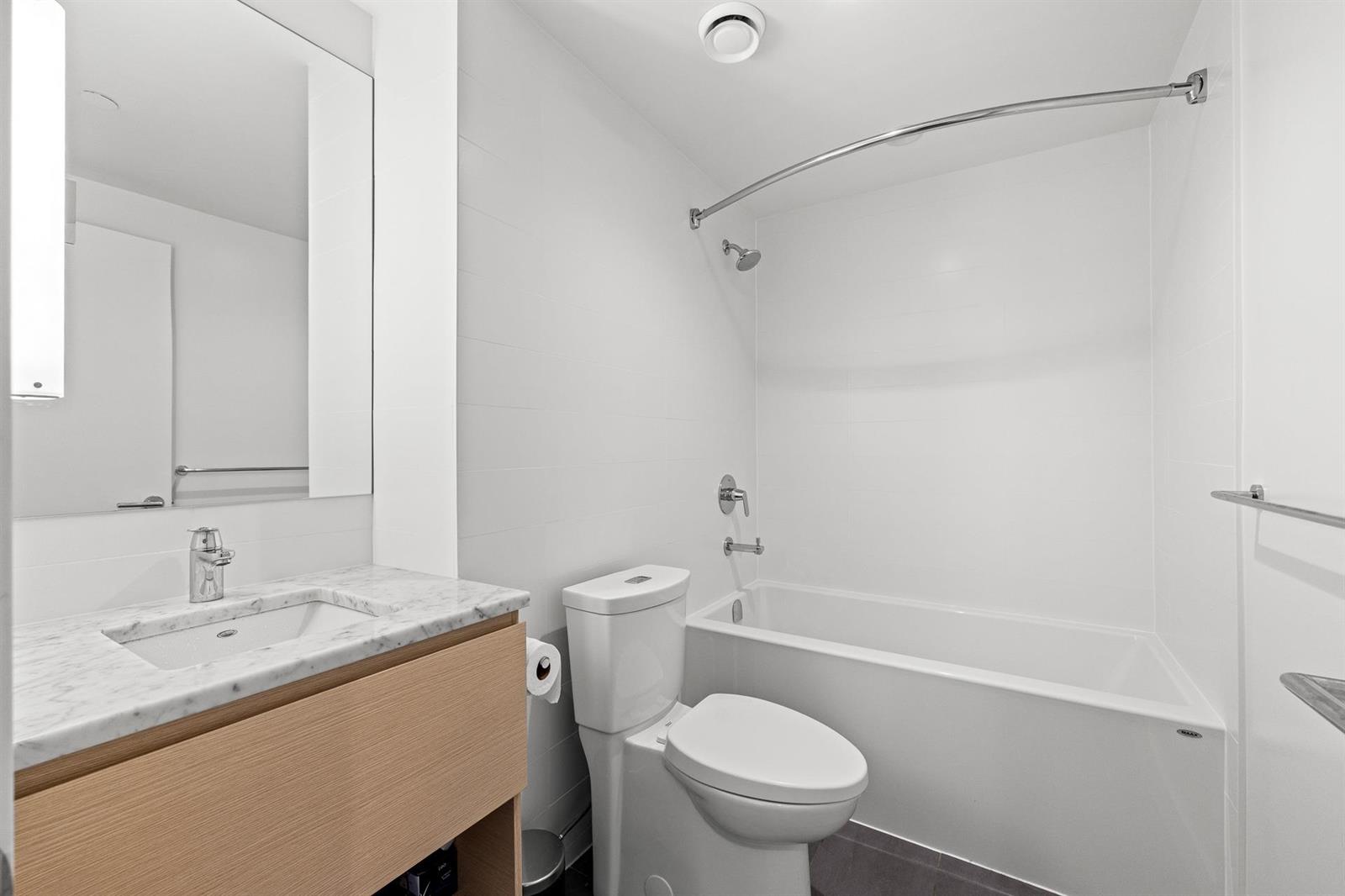 The main bathroom, a tub and shower beside the vanity.