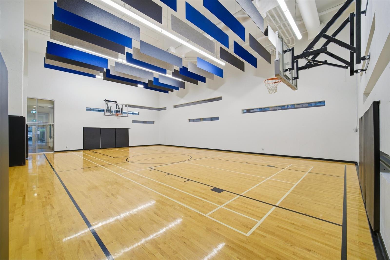 The indoor sport court, a basketball hoop at one end.