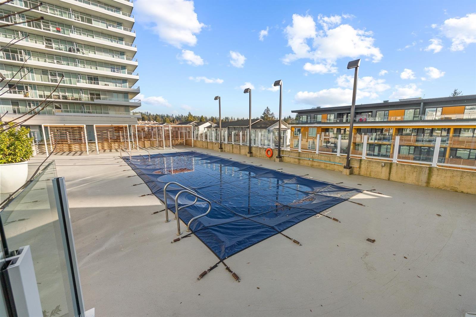 The outdoor pool, covered for the season.