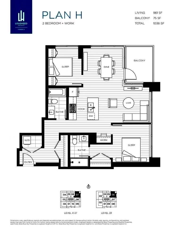 The floor plan for Plan H, two bedrooms and a work nook over 961 square feet.