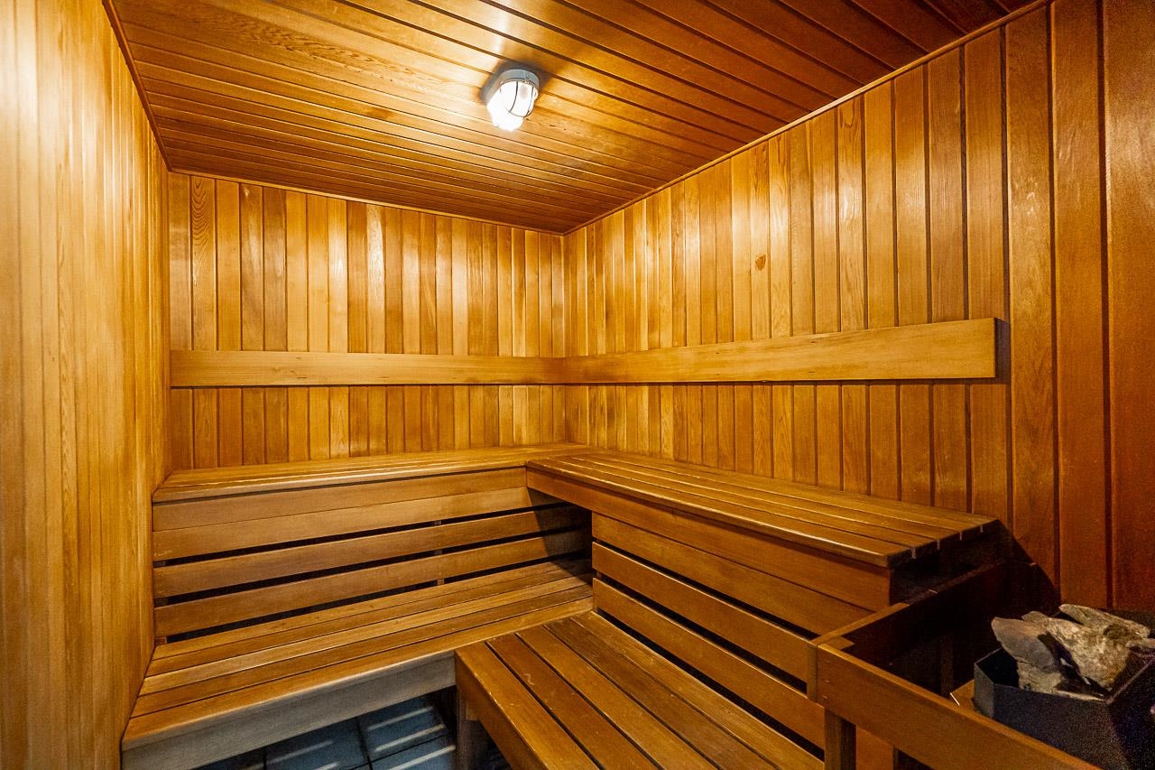 The cedar sauna, benches on two levels.
