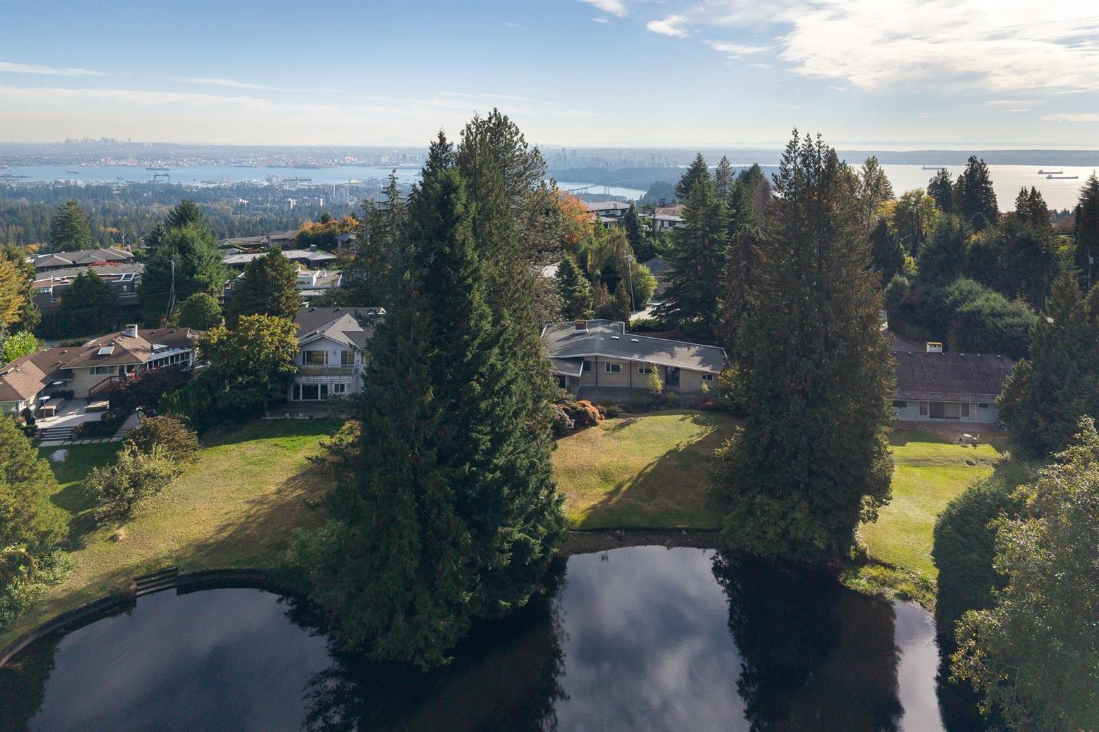 An aerial view over the property with the lake in the foreground and the neighbourhood beyond.