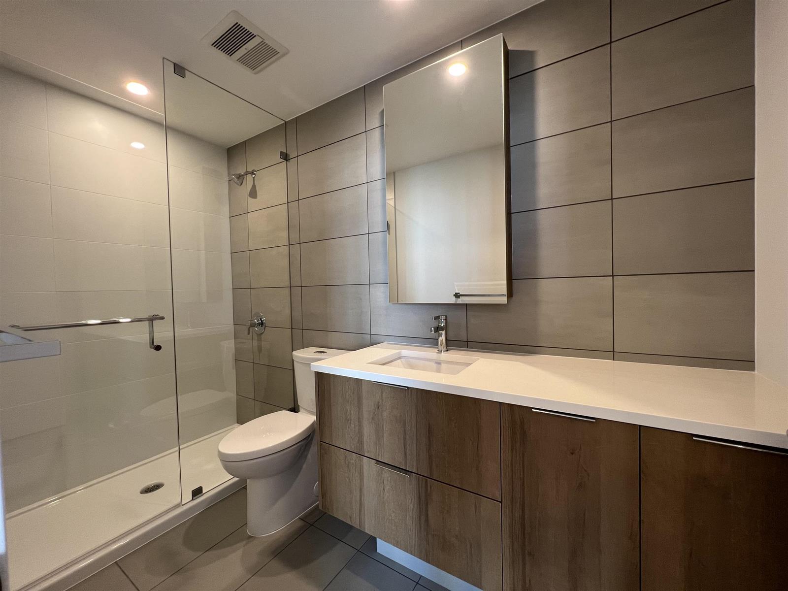 A bathroom, a glazed shower beside a timber vanity under a lit mirror.