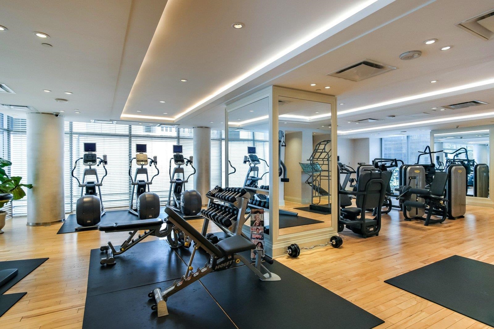 The gym, cardio machines and free weights under a wall of windows.