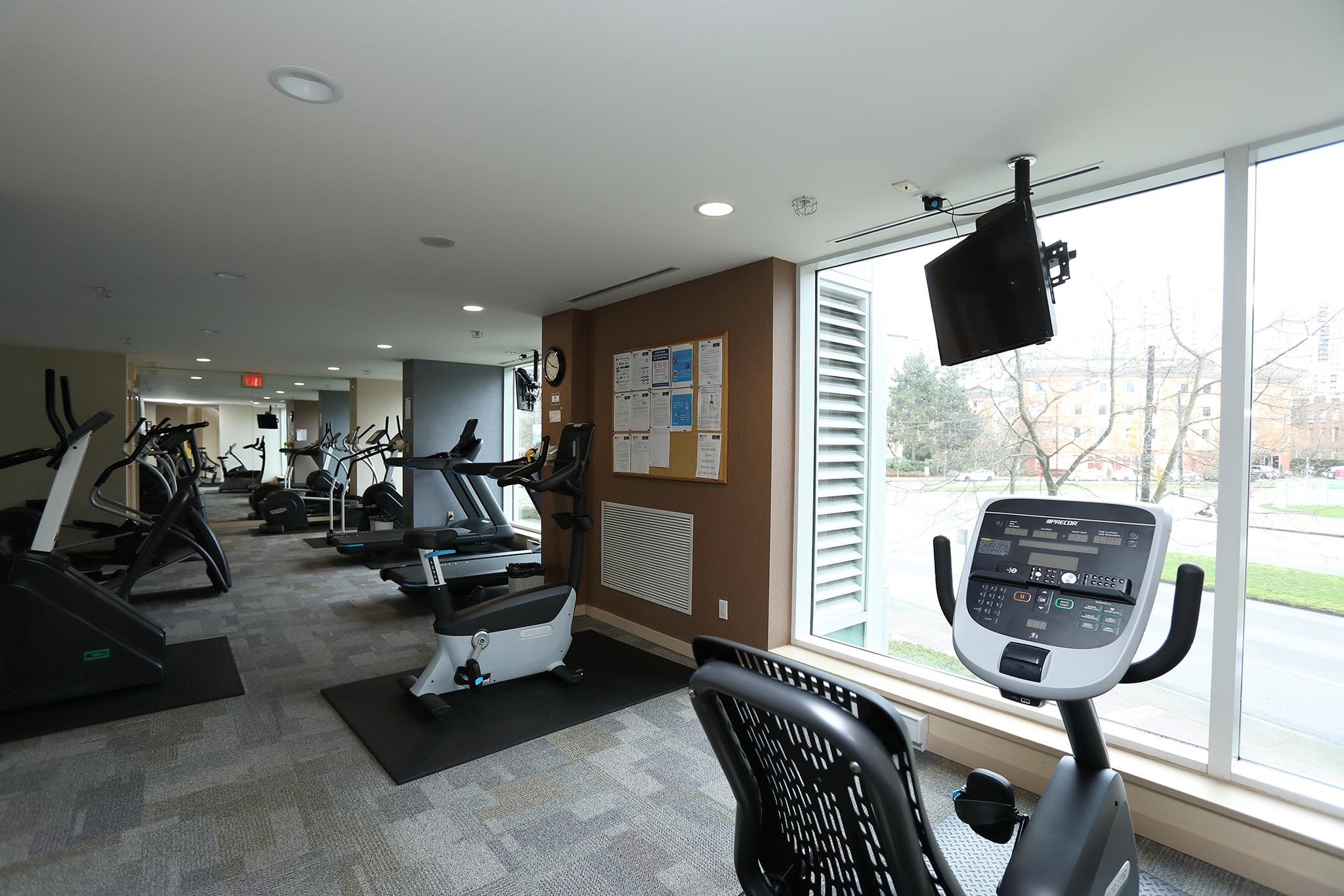 The exercise room, treadmills and bikes in a line along the windows.