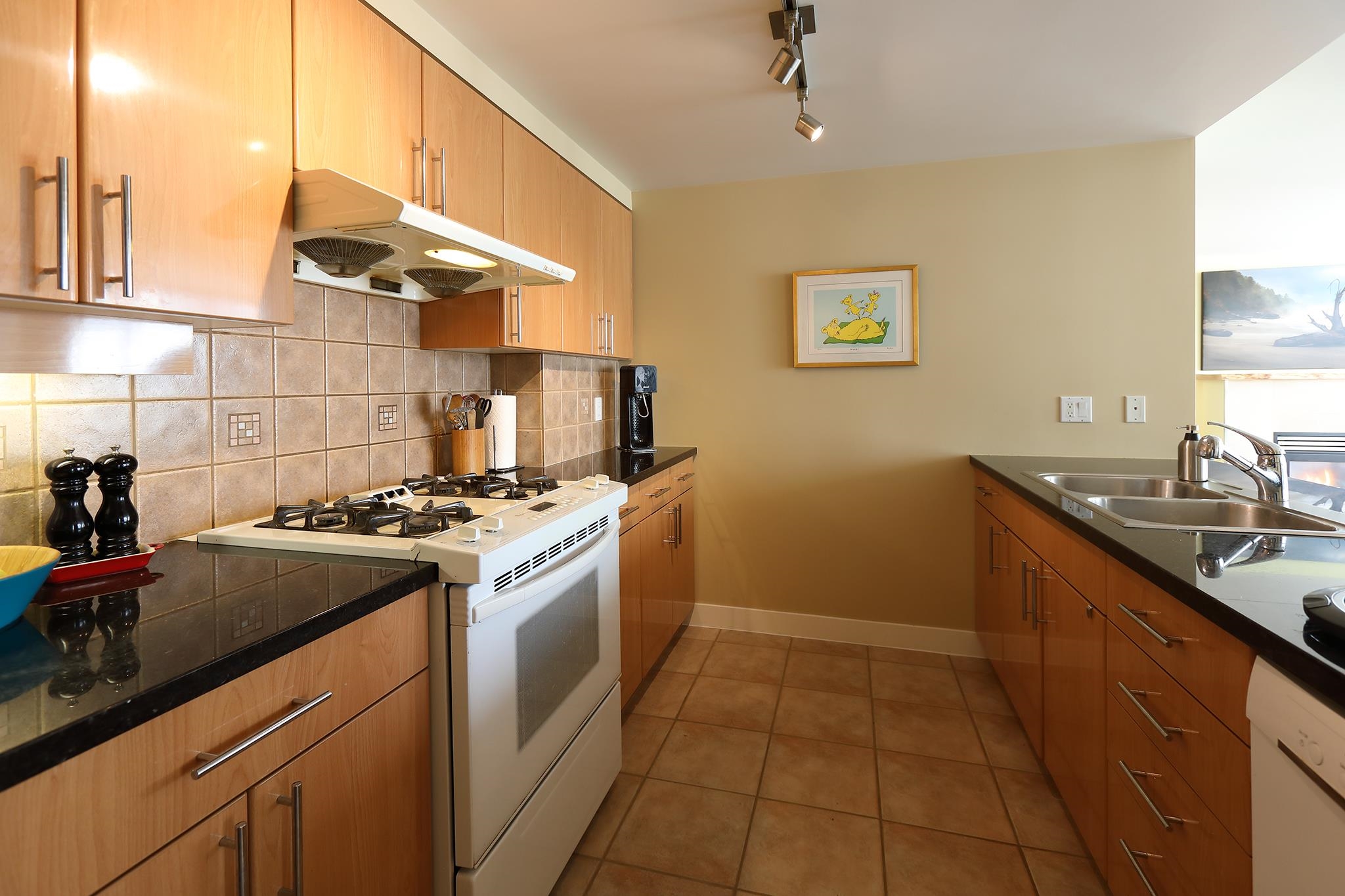 The kitchen along its length, the gas range and dishwasher either side of a tiled floor.