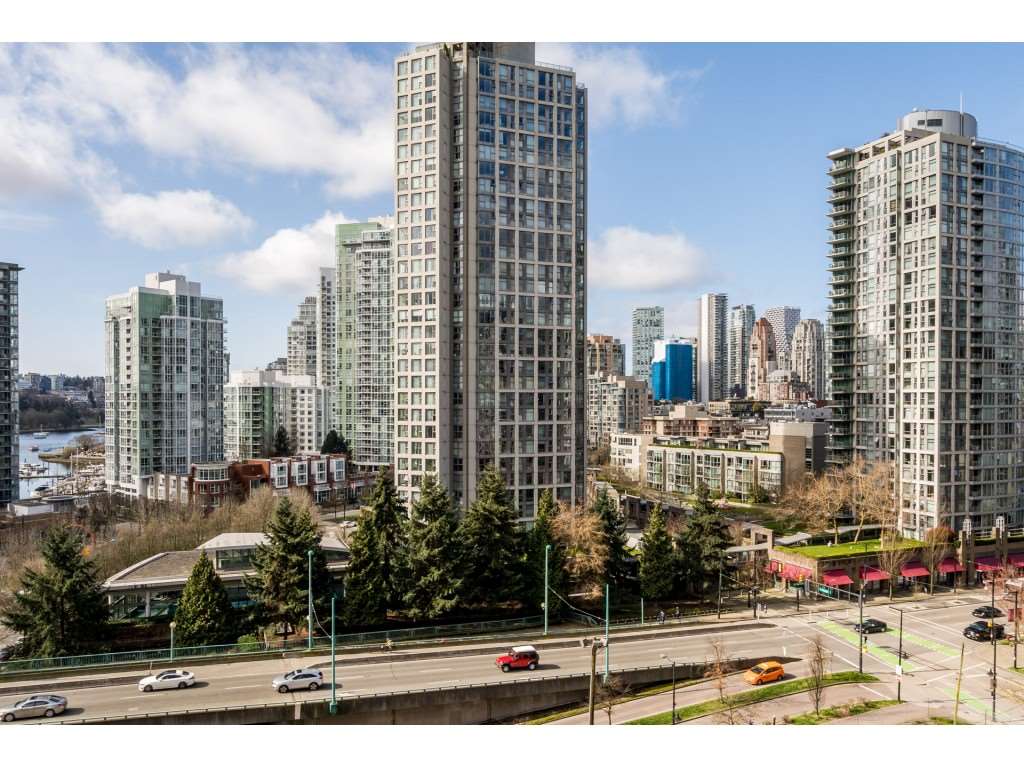 The view toward downtown, the city skyline behind the nearer towers.