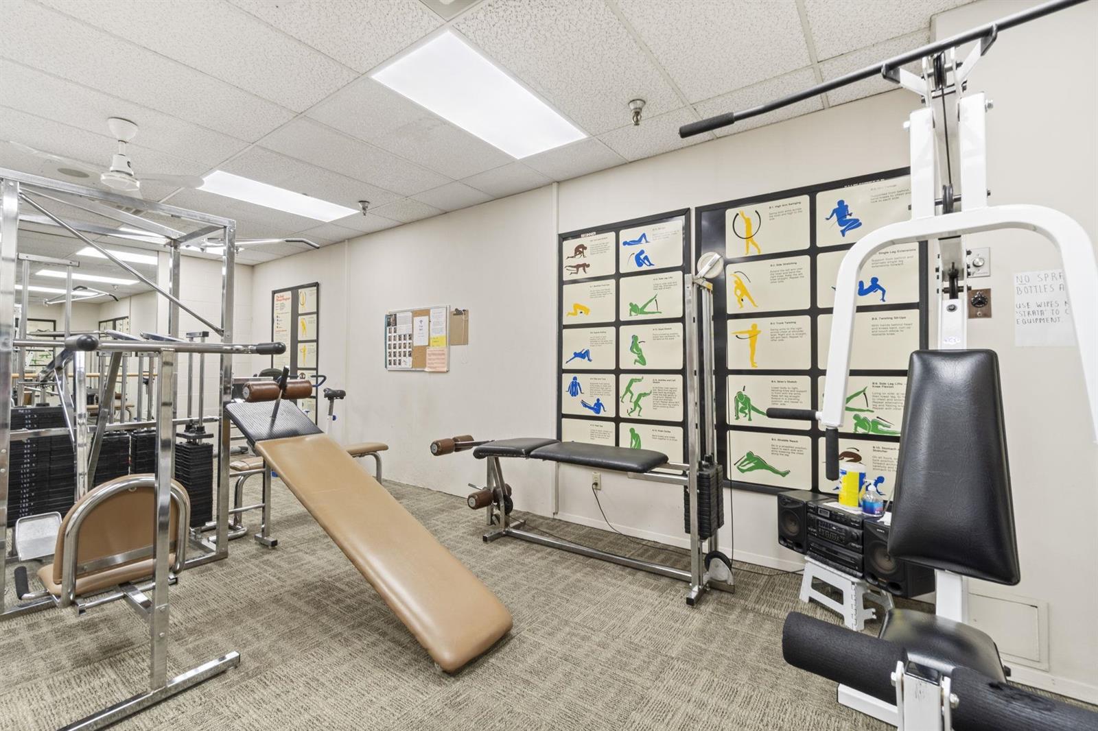 The gym, weight machines and benches along a mirrored wall.