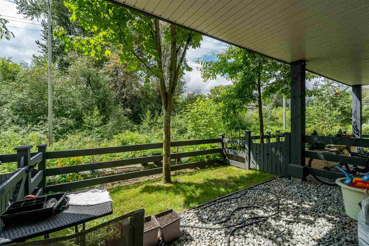 The covered patio under the deck, looking out across the yard to the trees.
