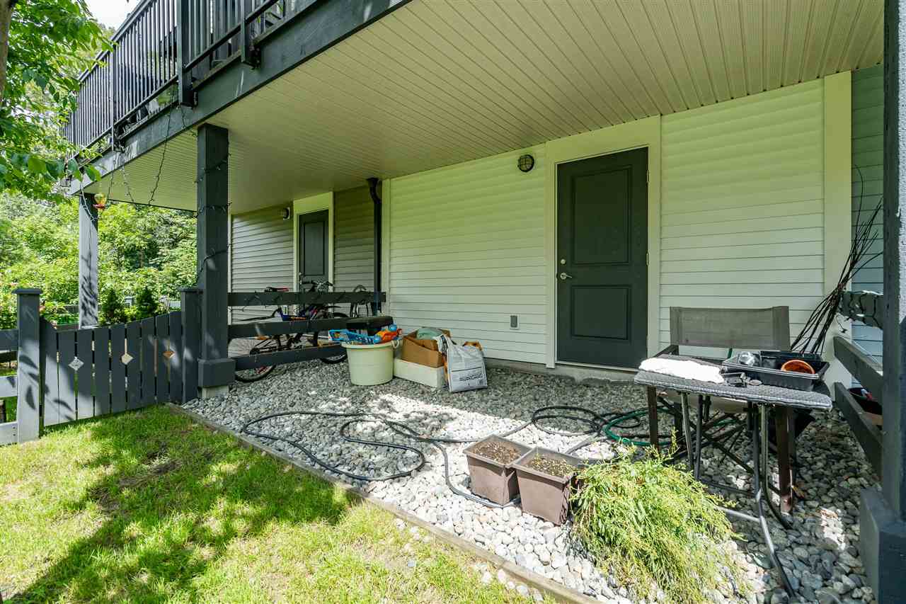The back door and the patio seen from out in the yard.