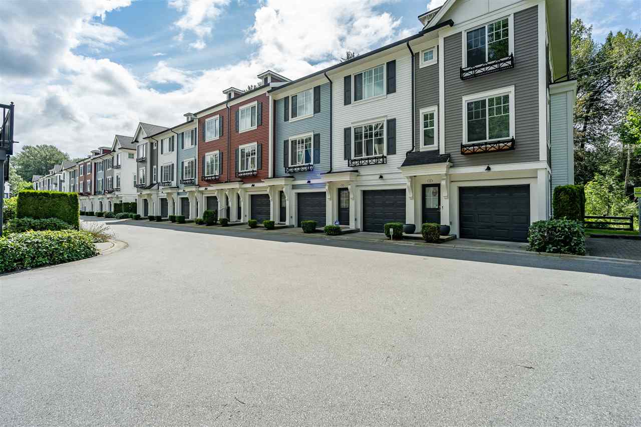 The row of homes from the driveway, gabled roofs stepping along the block.