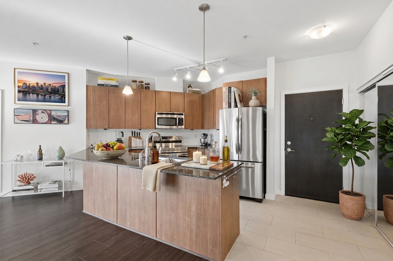 The kitchen, with granite counters, stainless appliances and an island facing the living space.