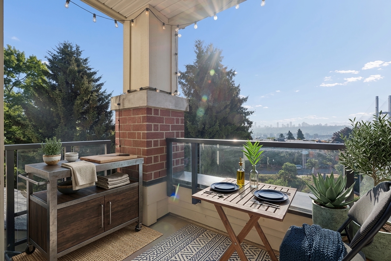 The balcony, set with a table and chairs, looking out over the trees to the river and the city beyond.
