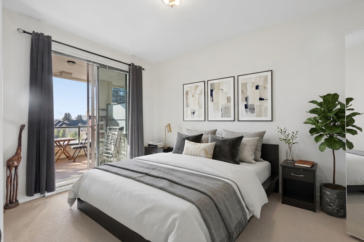 The primary bedroom, with its own sliding door onto the balcony.