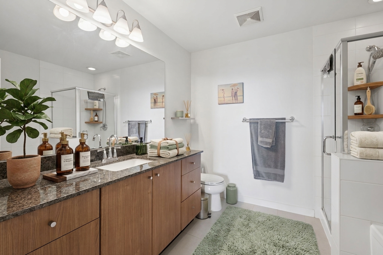 The primary ensuite, with a long double vanity and a glass shower.