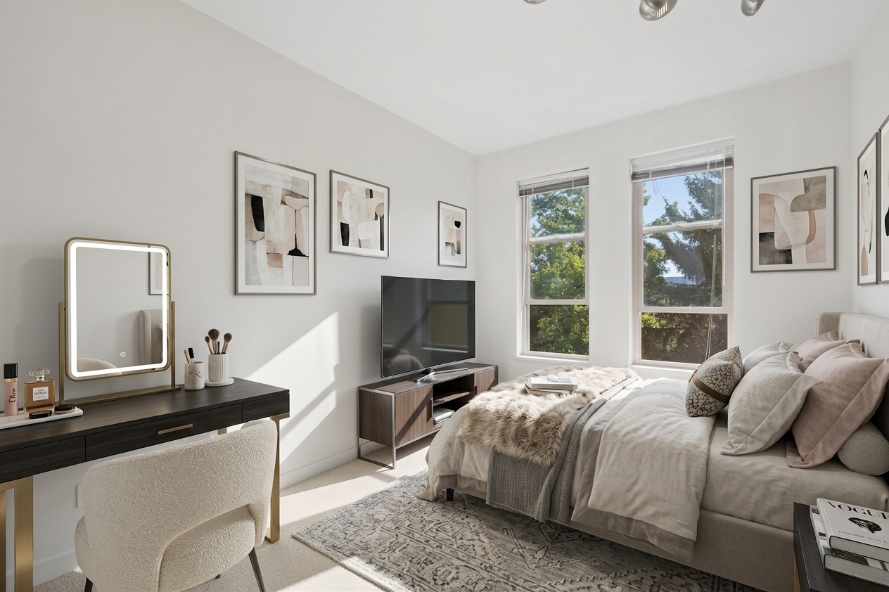 The second bedroom, with a desk under the windows.