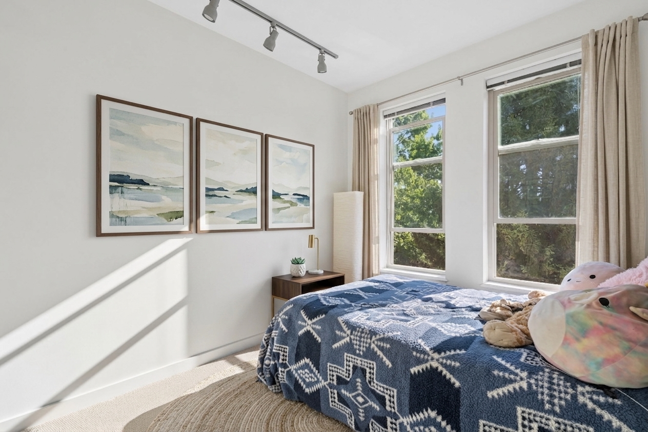 The third bedroom, with corner windows on two walls.