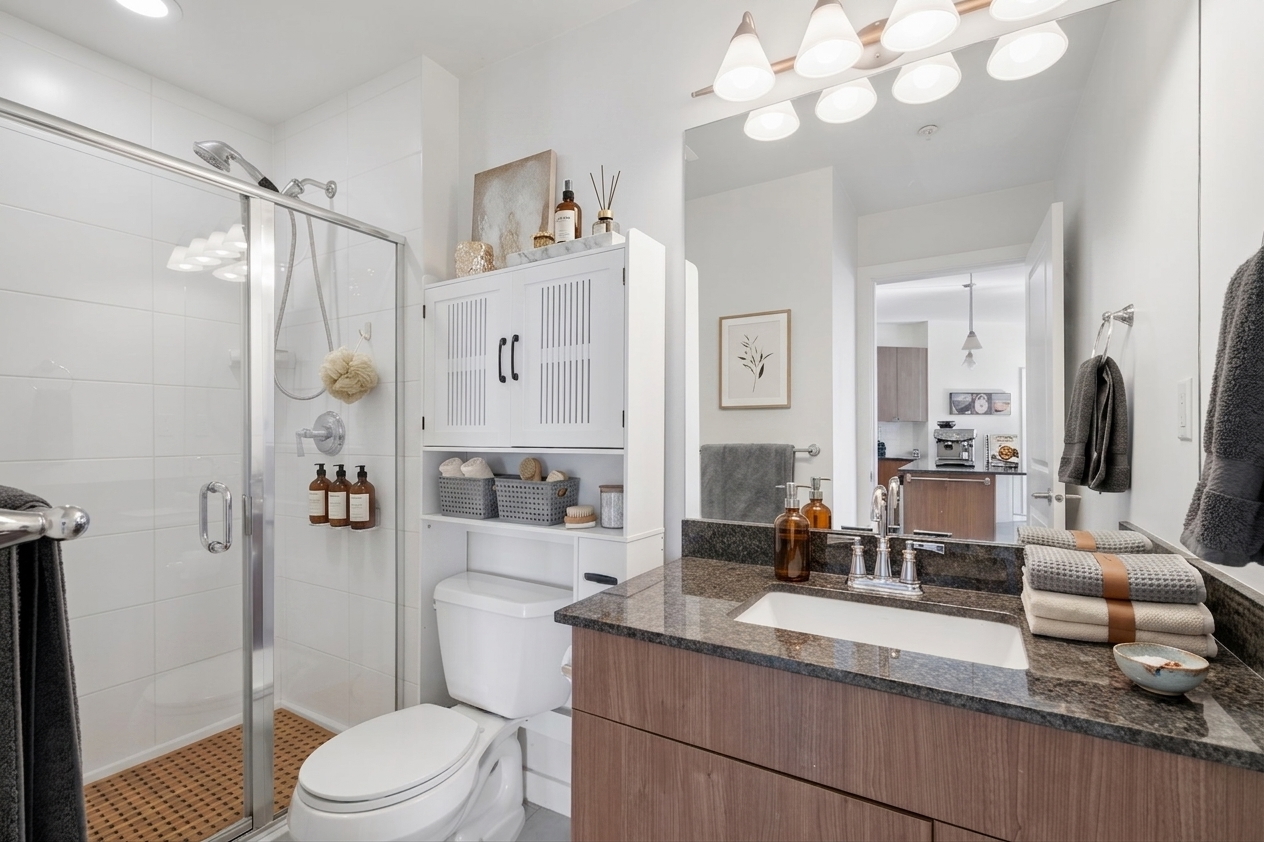 The second bathroom, with a glass shower and a vanity in the same dark wood as the kitchen.