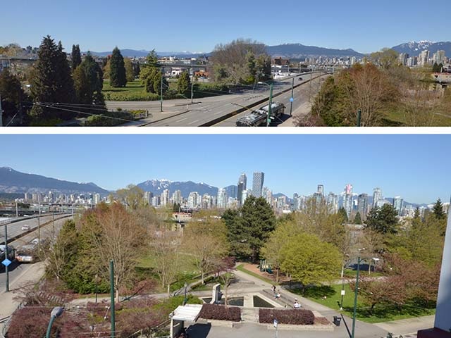 The park and the seawall path from above, the city on the far side of the water.